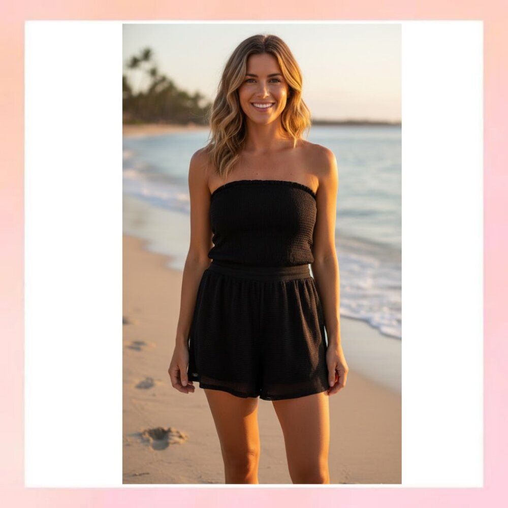 Dotti Black Strapless Smocked Waist Mesh Romper - NWT